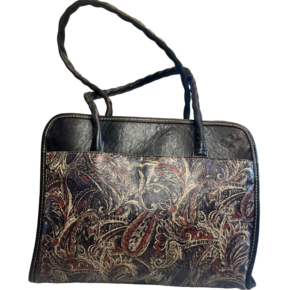 Patricia Nash Paris Black Leather Feather Paisley large satchel Boho